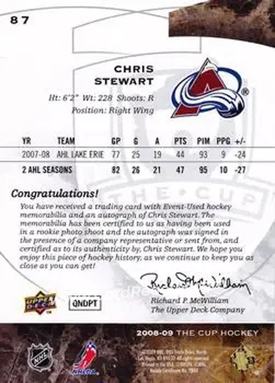 2008-09 Upper Deck The Cup #87 - Chris Stewart - Colorado Avalanche - Back