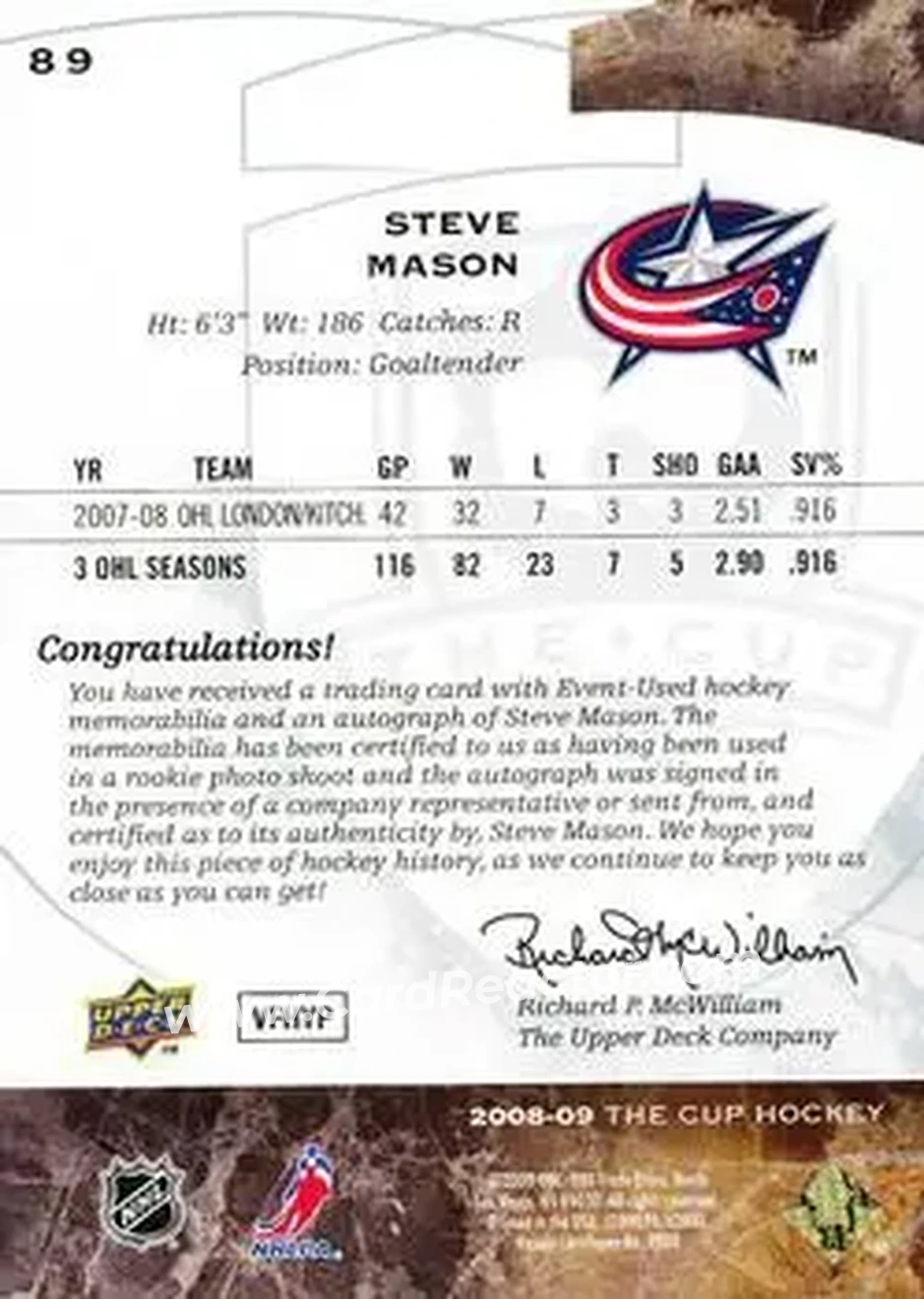 2008-09 Upper Deck The Cup #89 - Steve Mason - Columbus Blue Jackets - Back