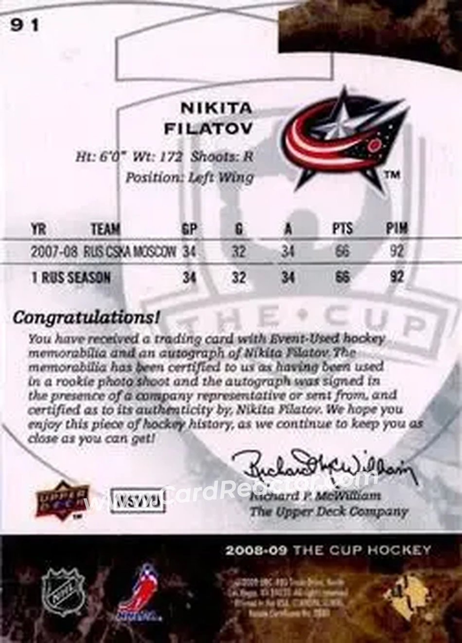2008-09 Upper Deck The Cup #91 - Nikita Filatov - Columbus Blue Jackets - Back