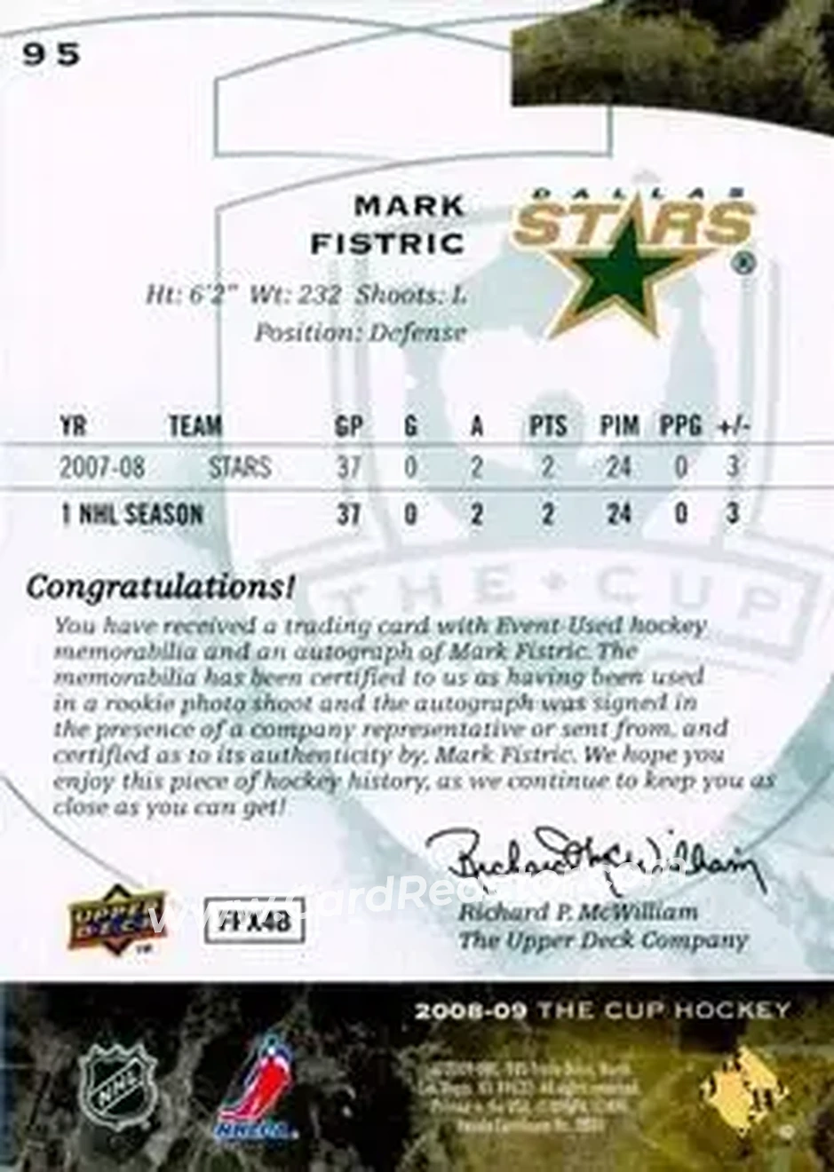 2008-09 Upper Deck The Cup #95 - Mark Fistric - Dallas Stars - Back