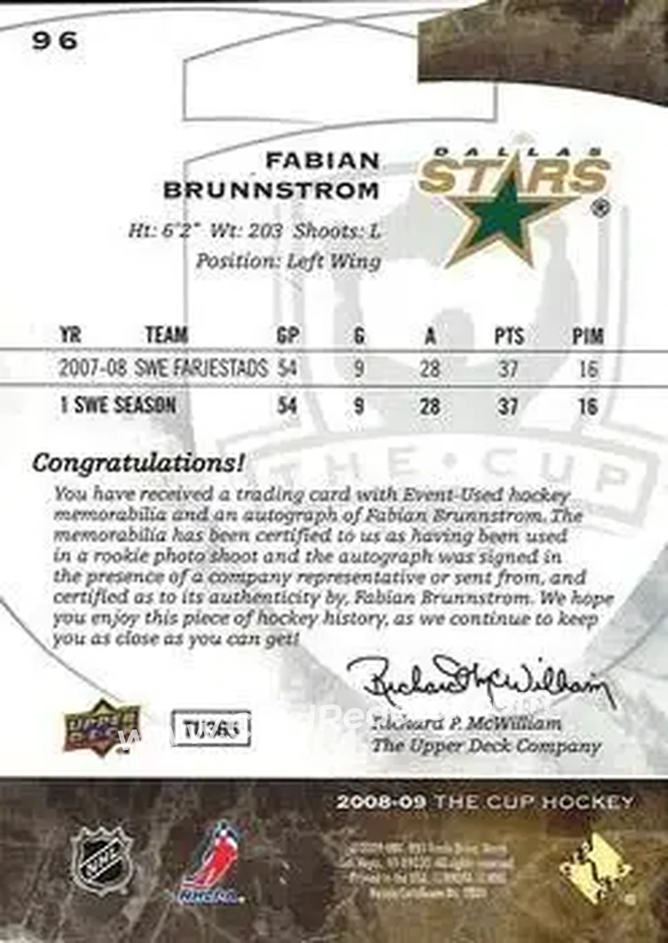 2008-09 Upper Deck The Cup #96 - Fabian Brunnstrom - Dallas Stars - Back