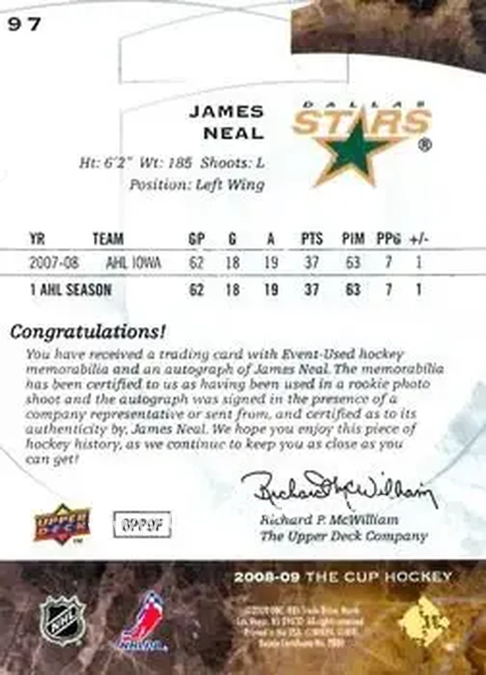 2008-09 Upper Deck The Cup #97 - James Neal - Dallas Stars - Back
