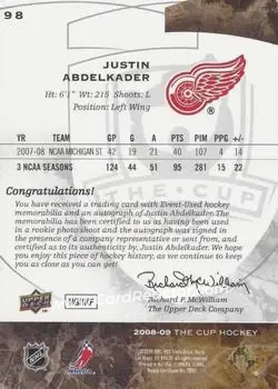 2008-09 Upper Deck The Cup #98 - Justin Abdelkader - Detroit Red Wings - Back