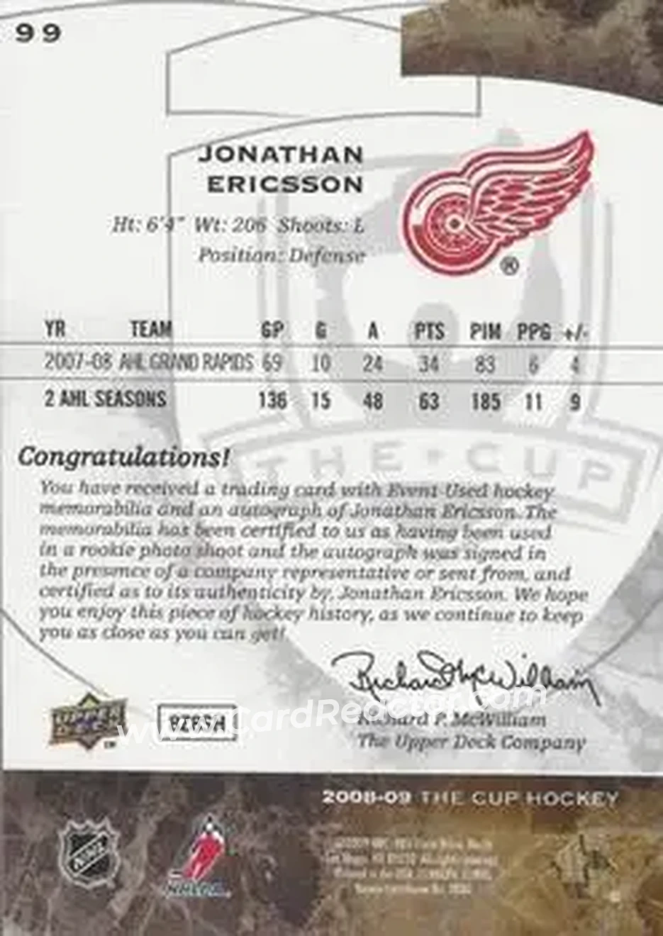 2008-09 Upper Deck The Cup #99 - Jonathan Ericsson - Detroit Red Wings - Back