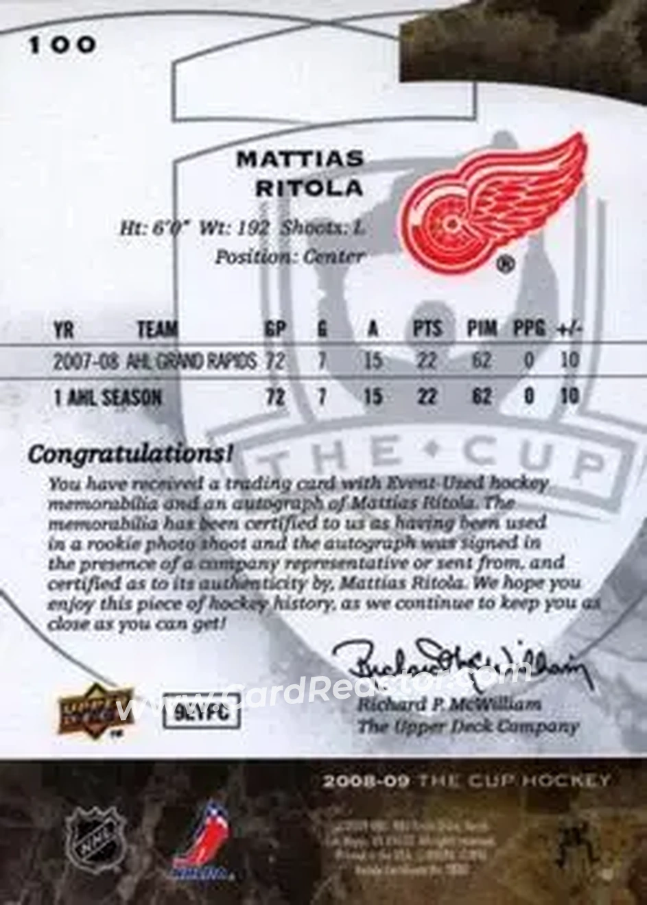 2008-09 Upper Deck The Cup #100 - Mattias Ritola - Detroit Red Wings - Back 2008-09 Upper Deck The Cup #100 - Mattias Ritola - Detroit Red Wings - Back