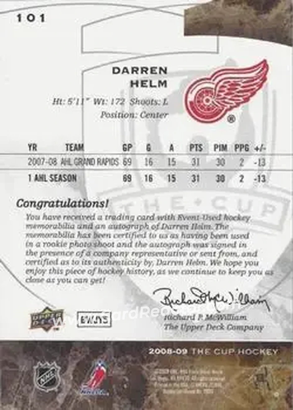 2008-09 Upper Deck The Cup #101 - Darren Helm - Detroit Red Wings - Back