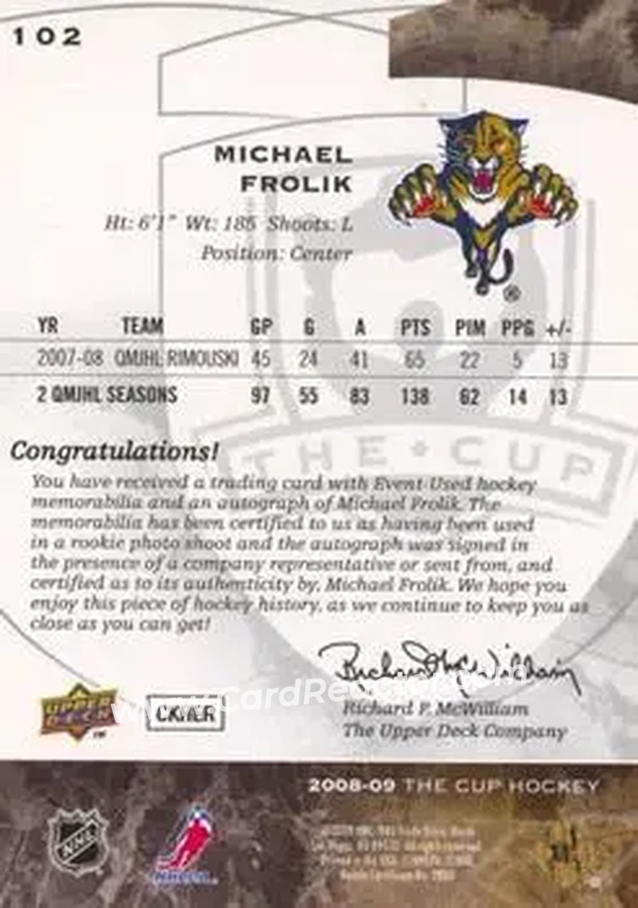 2008-09 Upper Deck The Cup #102 - Michael Frolik - Florida Panthers - Back