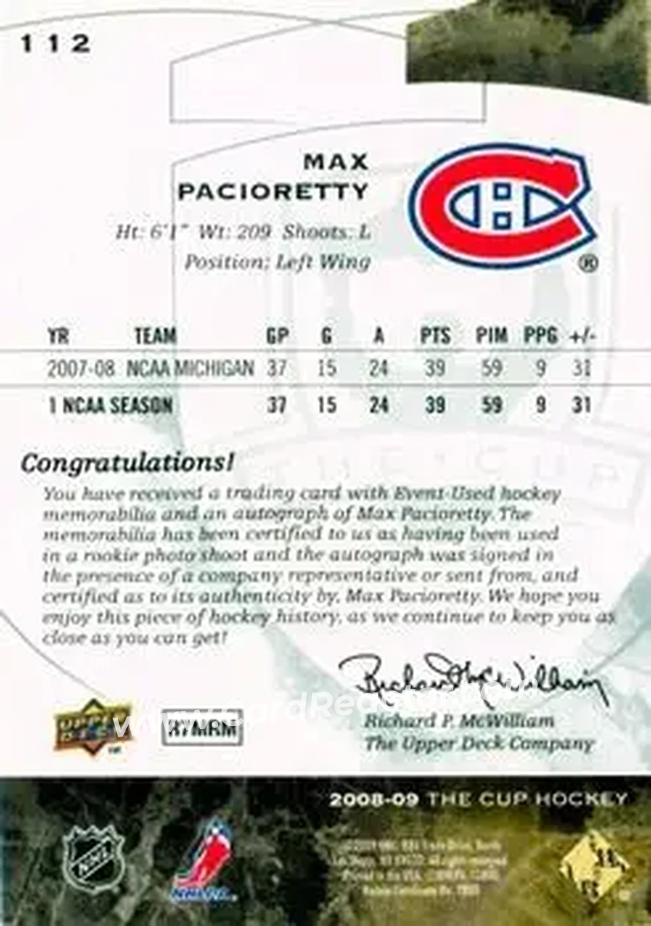 2008-09 Upper Deck The Cup #112 - Max Pacioretty - Montreal Canadiens - Back