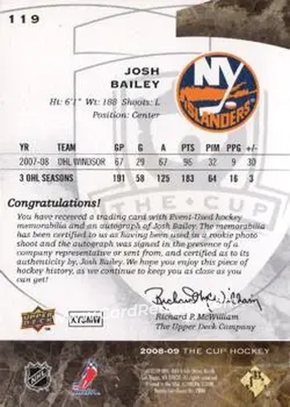 2008-09 Upper Deck The Cup #119 - Josh Bailey - New York Islanders - Back 2008-09 Upper Deck The Cup #119 - Josh Bailey - New York Islanders - Back