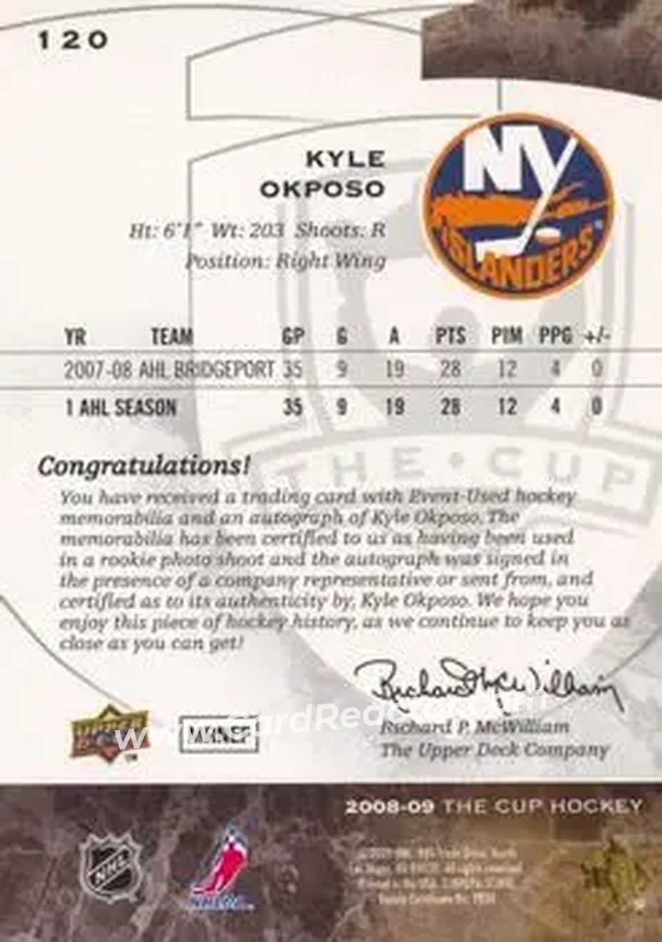 2008-09 Upper Deck The Cup #120 - Kyle Okposo - New York Islanders - Back