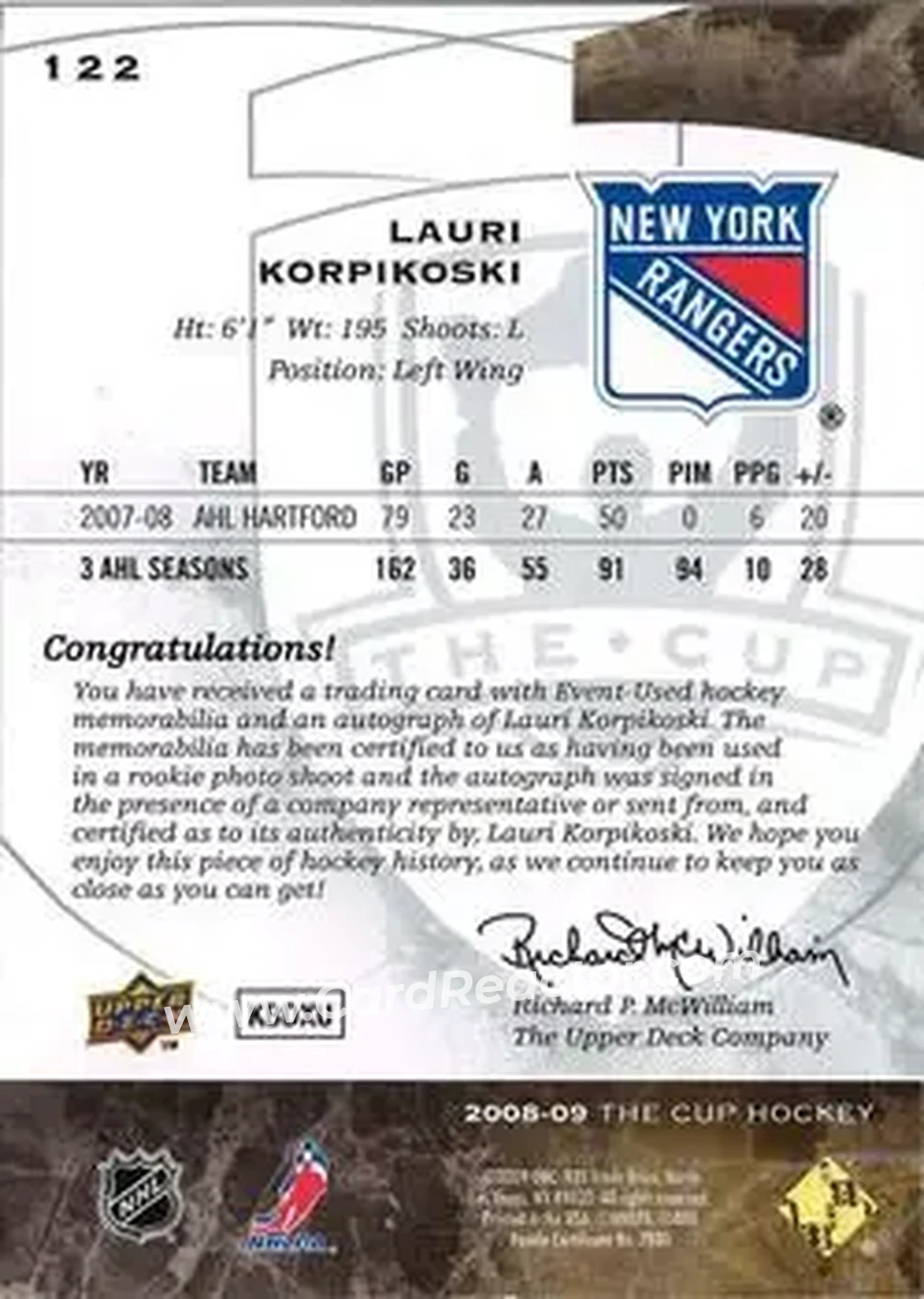 2008-09 Upper Deck The Cup #122 - Lauri Korpikoski - New York Rangers - Back 2008-09 Upper Deck The Cup #122 - Lauri Korpikoski - New York Rangers - Back