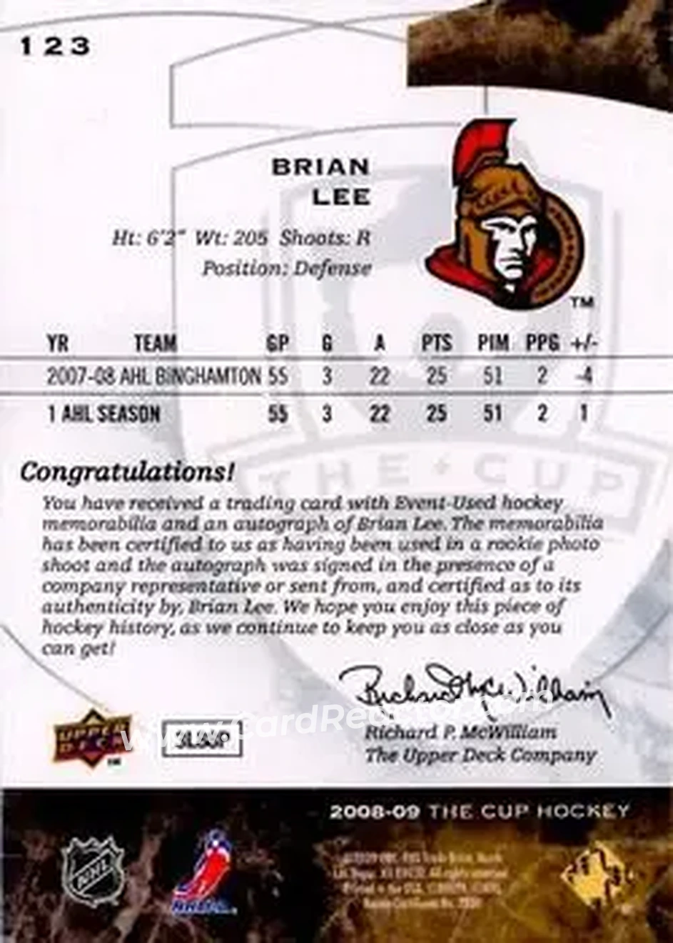 2008-09 Upper Deck The Cup #123 - Brian Lee - Ottawa Senators - Back