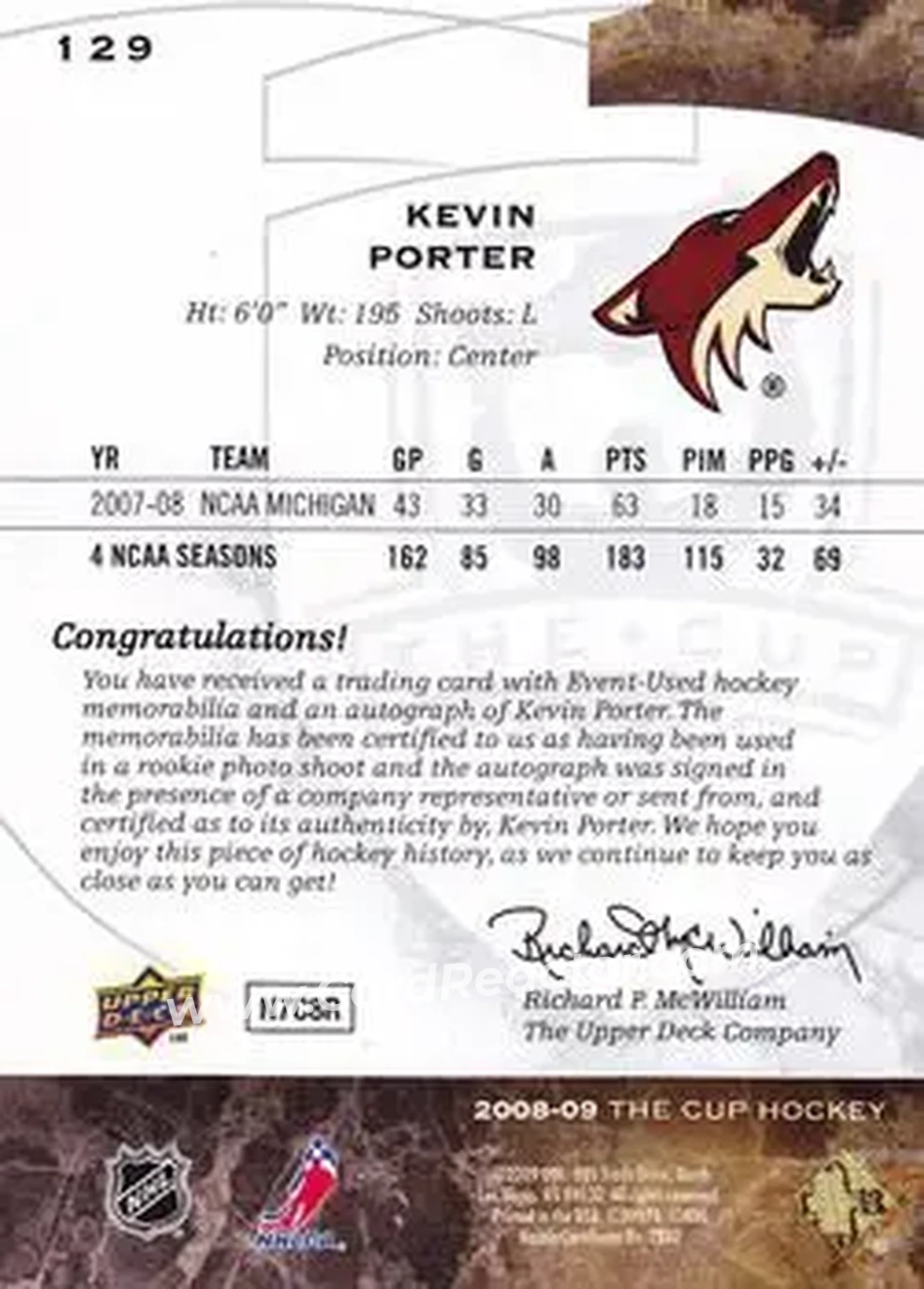 2008-09 Upper Deck The Cup #129 - Kevin Porter - Phoenix Coyotes - Back