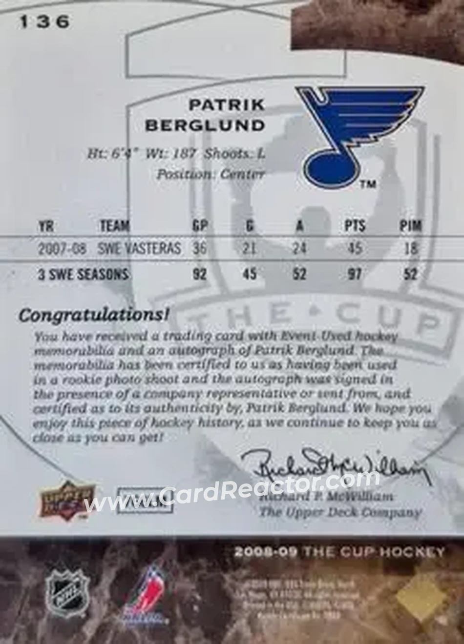 2008-09 Upper Deck The Cup #136 - Patrik Berglund - St. Louis Blues - Back 2008-09 Upper Deck The Cup #136 - Patrik Berglund - St. Louis Blues - Back