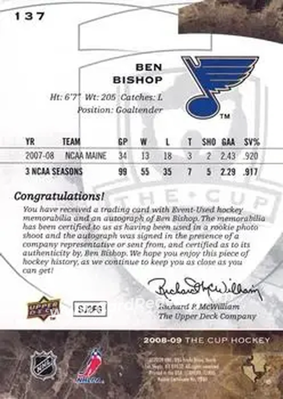 2008-09 Upper Deck The Cup #137 - Ben Bishop - St. Louis Blues - Back