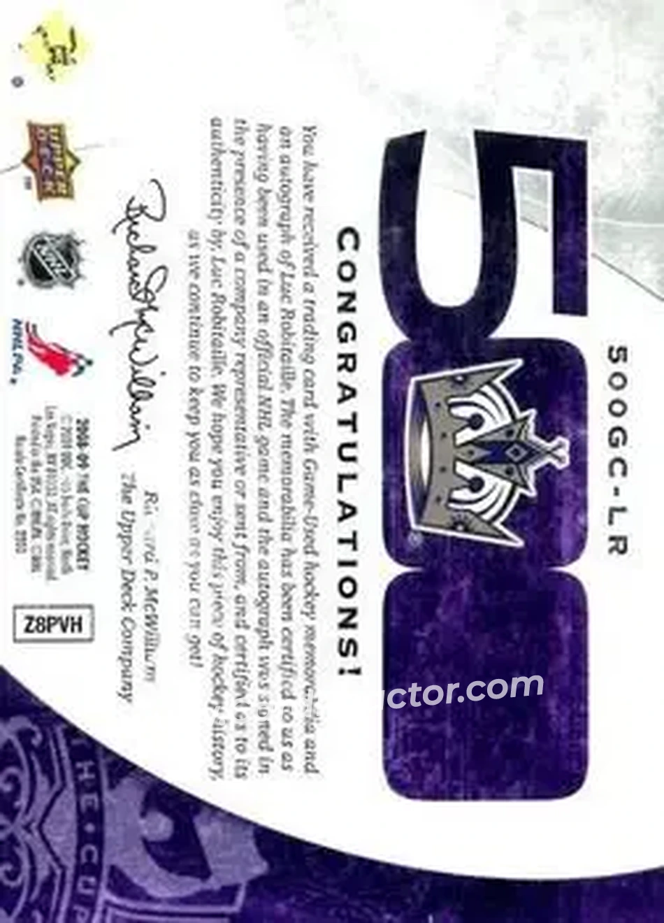 2008-09 Upper Deck The Cup - 500 Goal Club Swatches #500GC-LR - Luc Robitaille - Los Angeles Kings - Back 2008-09 Upper Deck The Cup - 500 Goal Club Swatches #500GC-LR - Luc Robitaille - Los Angeles Kings - Back