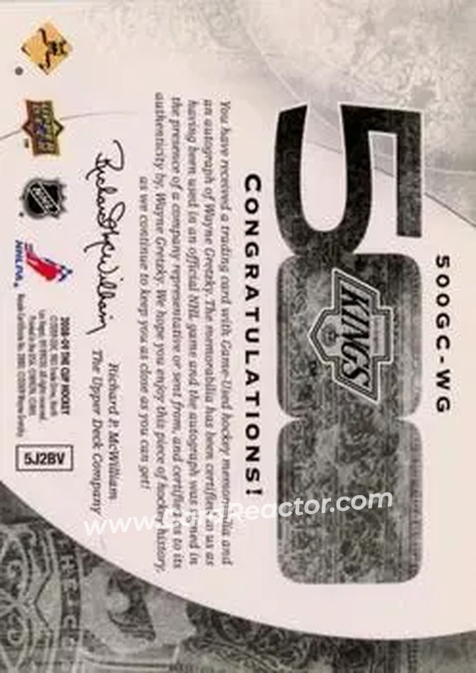 2008-09 Upper Deck The Cup - 500 Goal Club Swatches #500GC-WG - Wayne Gretzky - Los Angeles Kings - Back