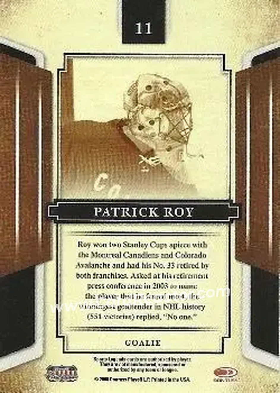 2008 Donruss Sports Legends #11 - Patrick Roy - Colorado Avalanche - Back