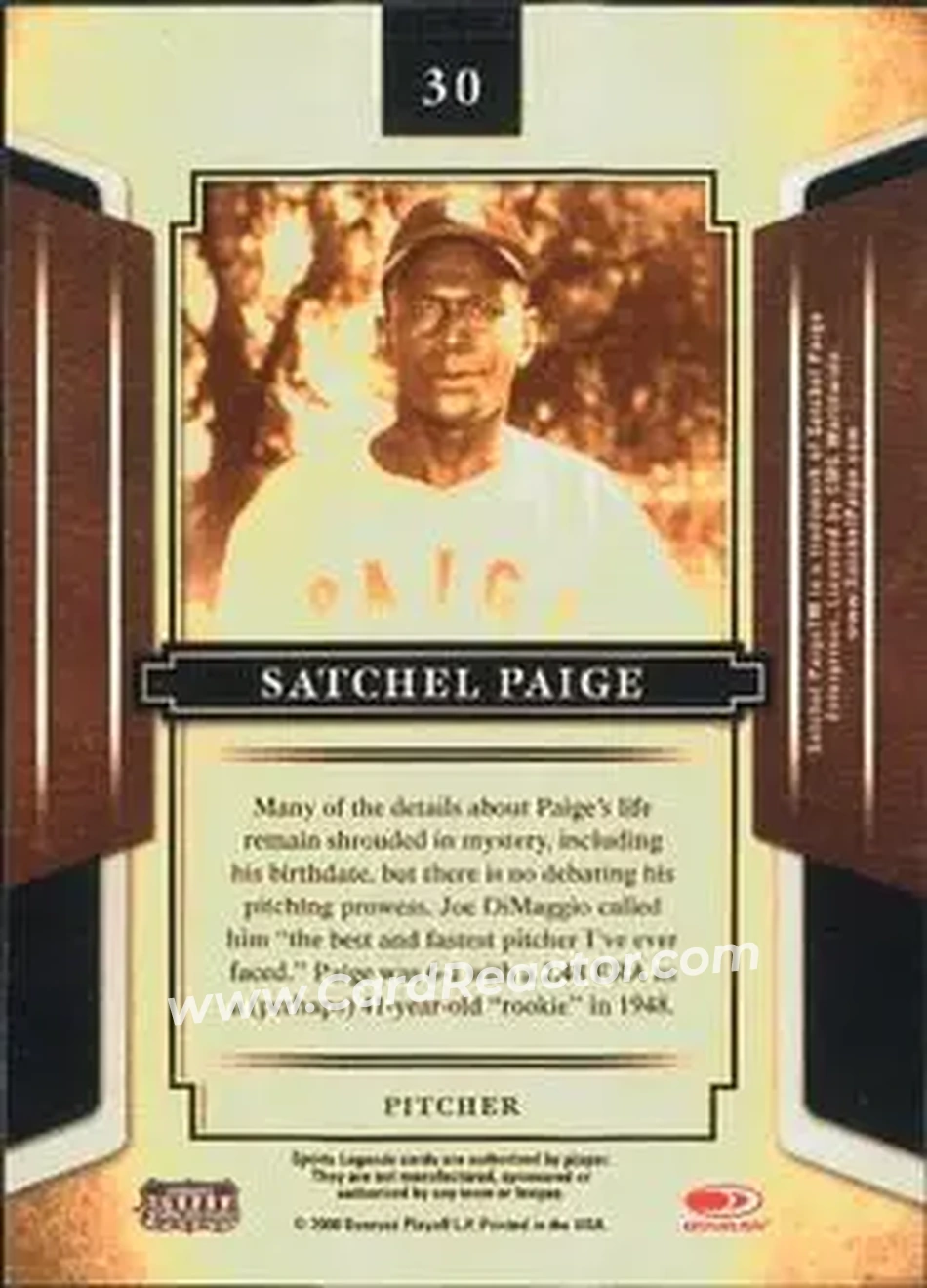 2008 Donruss Sports Legends #30 - Satchel Paige - St. Louis Browns - Back