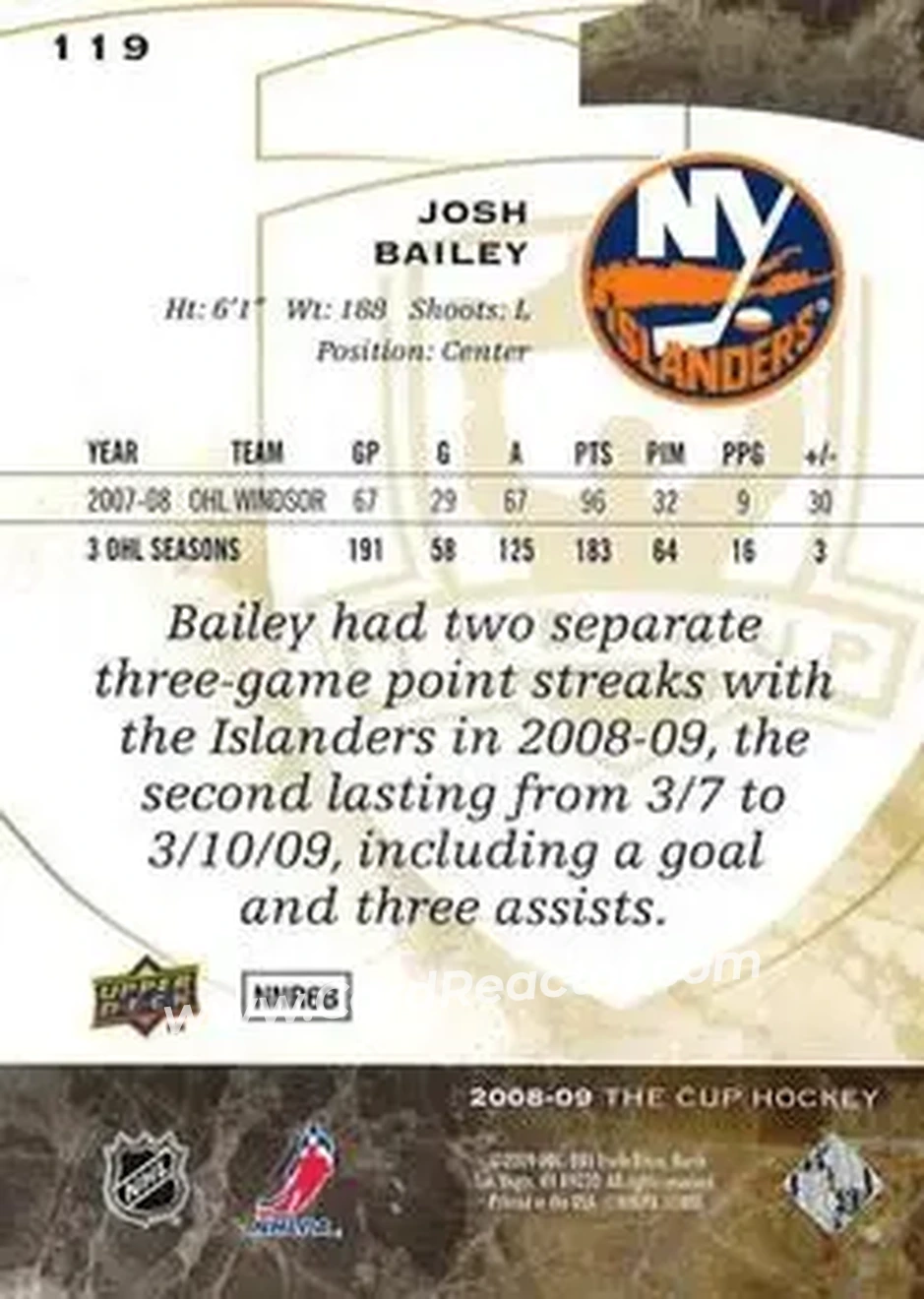 2008-09 Upper Deck The Cup - Black #119 - Josh Bailey - New York Islanders - Back