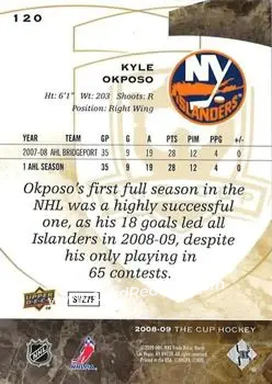 2008-09 Upper Deck The Cup - Black #120 - Kyle Okposo - New York Islanders - Back 2008-09 Upper Deck The Cup - Black #120 - Kyle Okposo - New York Islanders - Back