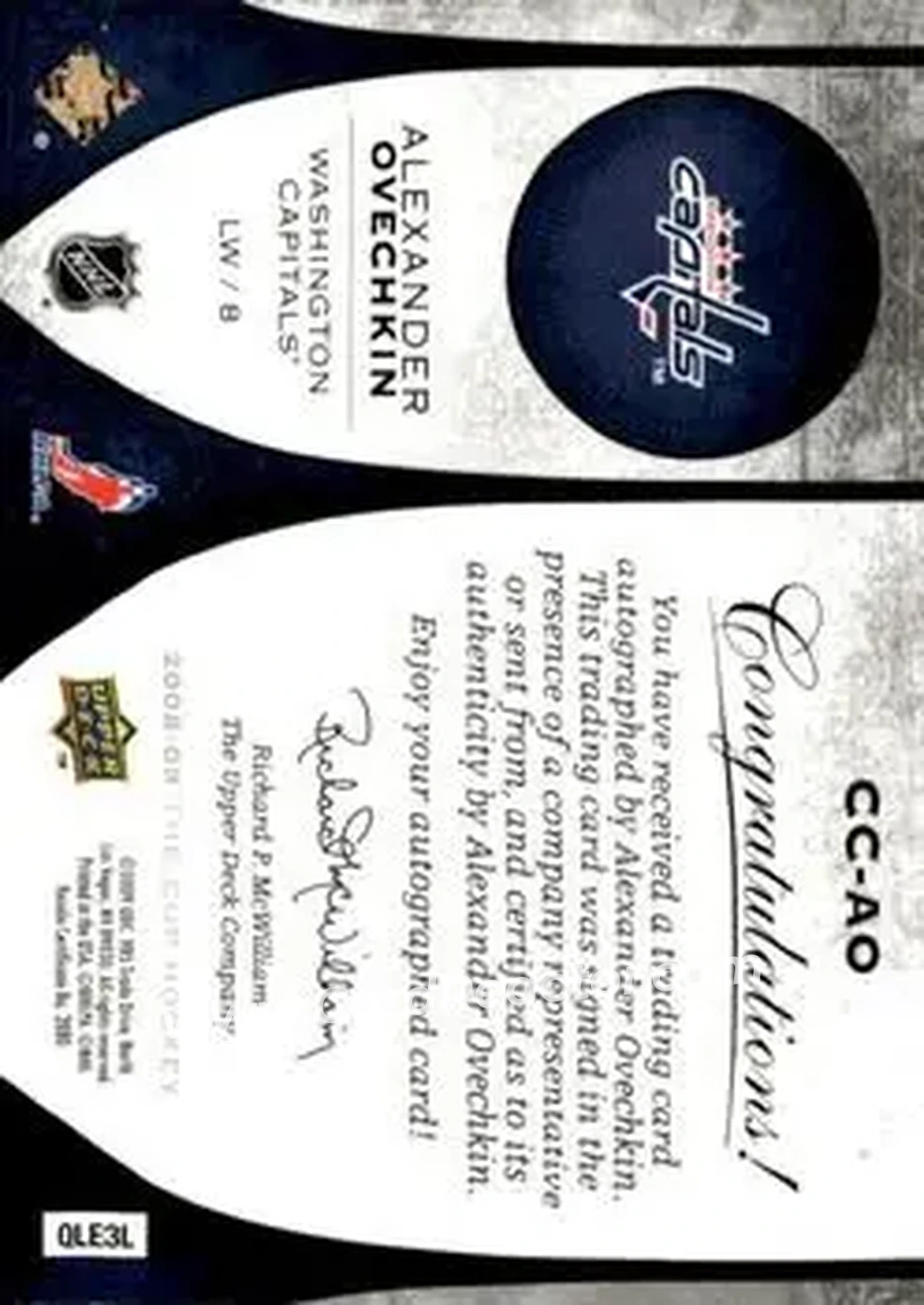 2008-09 Upper Deck The Cup - Cup Chirography #CC-AO - Alex Ovechkin - Washington Capitals - Back 2008-09 Upper Deck The Cup - Cup Chirography #CC-AO - Alex Ovechkin - Washington Capitals - Back