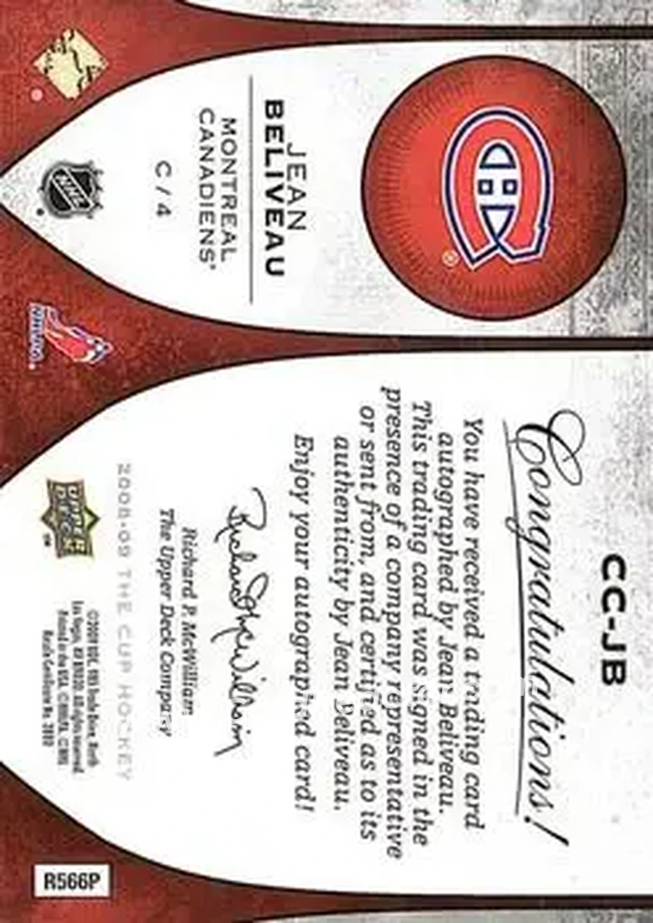 2008-09 Upper Deck The Cup - Cup Chirography #CC-JB - Jean Beliveau - Montreal Canadiens - Back