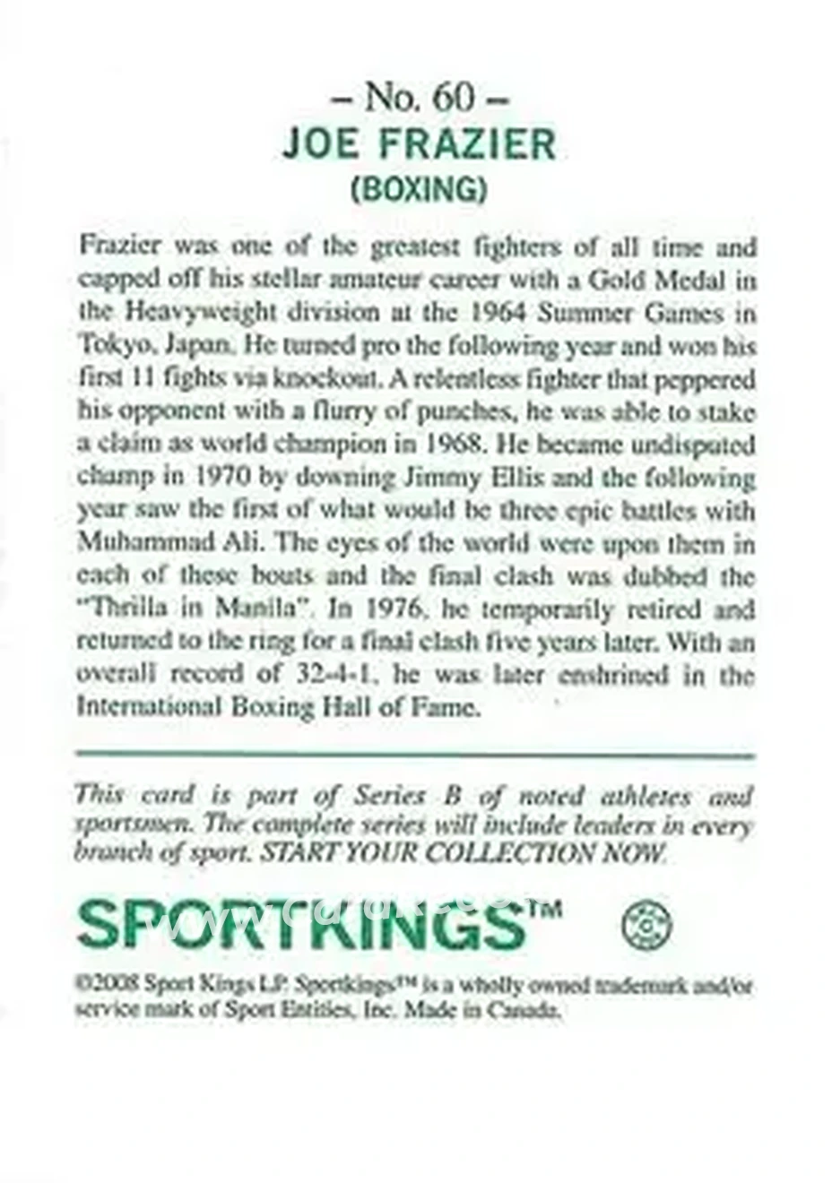 2008 Sportkings Series B #60 - Joe Frazier - Back