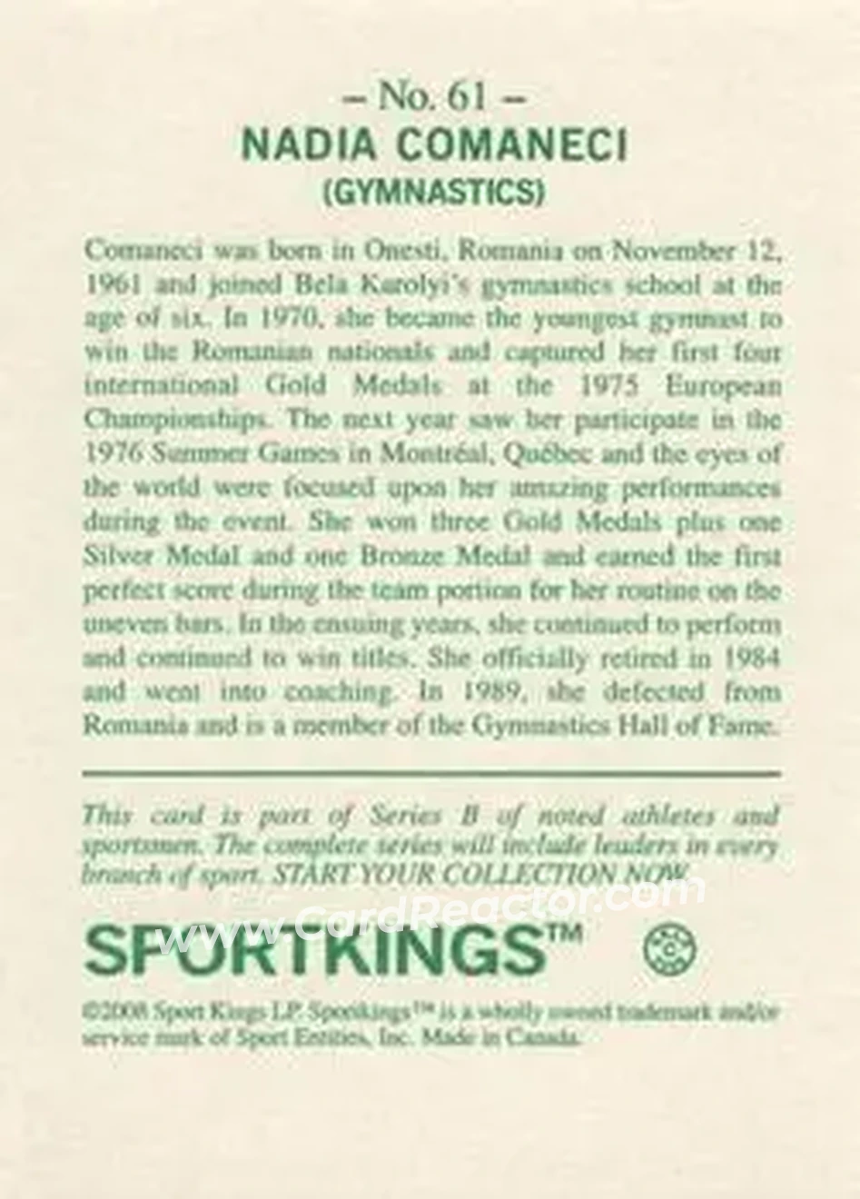 2008 Sportkings Series B #61 - Nadia Comaneci - Back