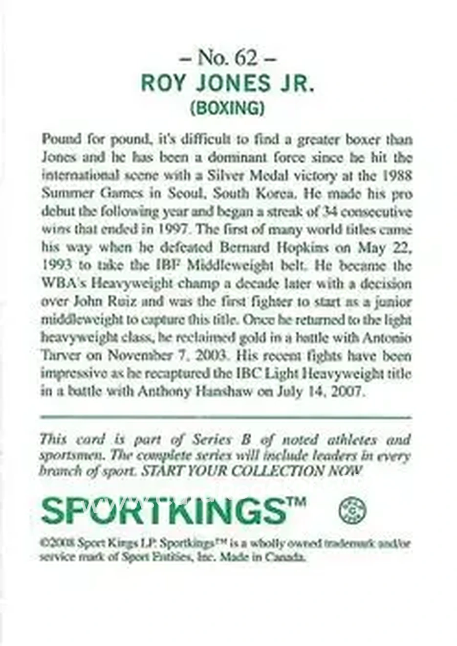 2008 Sportkings Series B #62 - Roy Jones Jr. - Back 2008 Sportkings Series B #62 - Roy Jones Jr. - Back