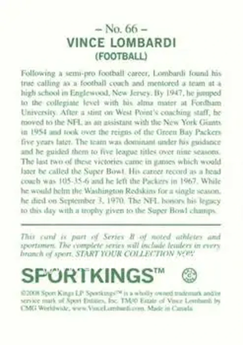 2008 Sportkings Series B #66 - Vince Lombardi - Back