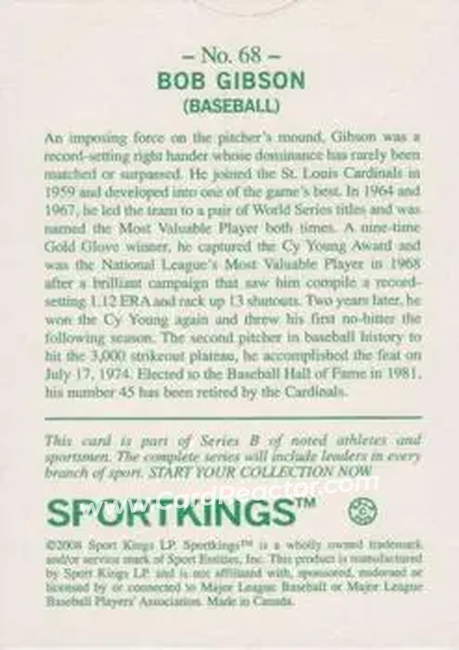 2008 Sportkings Series B #68 - Bob Gibson - St. Louis Cardinals - Back