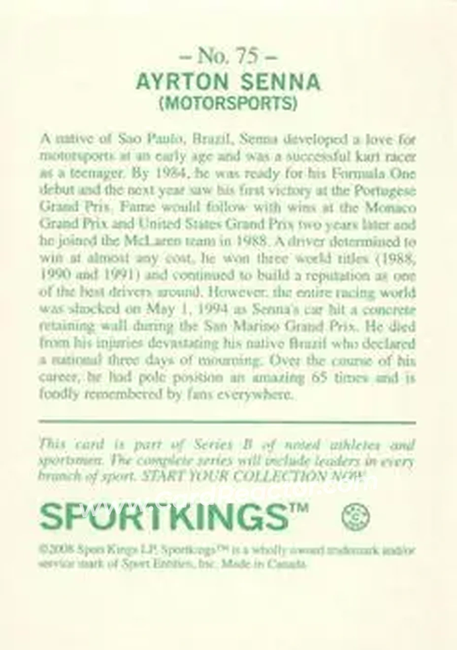 2008 Sportkings Series B #75 - Ayrton Senna - Back