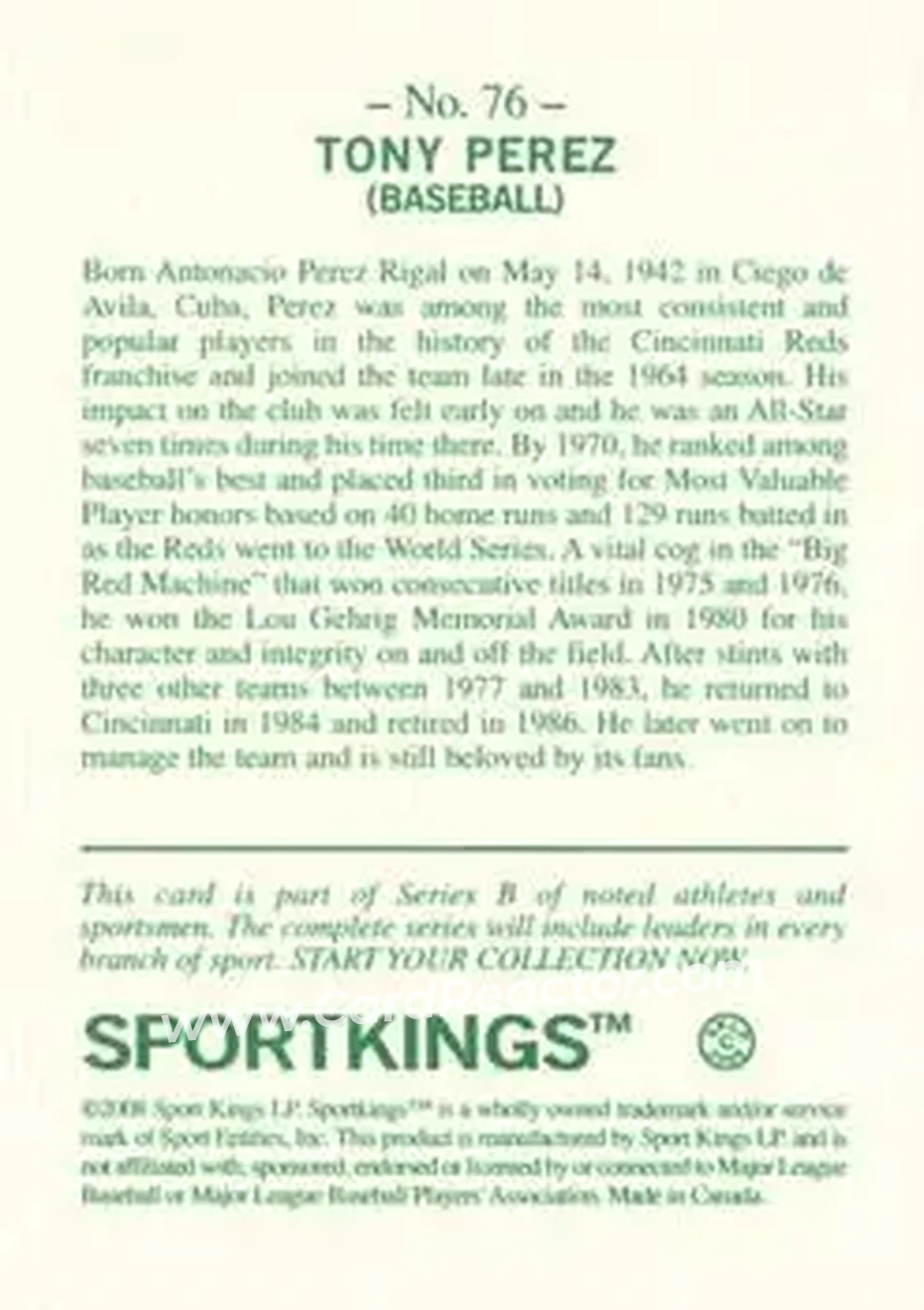2008 Sportkings Series B #76 - Tony Pérez - Back