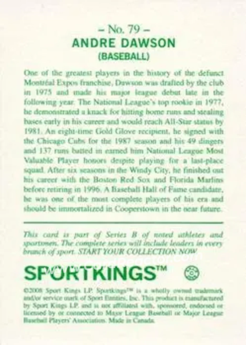 2008 Sportkings Series B #79 - Andre Dawson - Chicago Cubs - Back