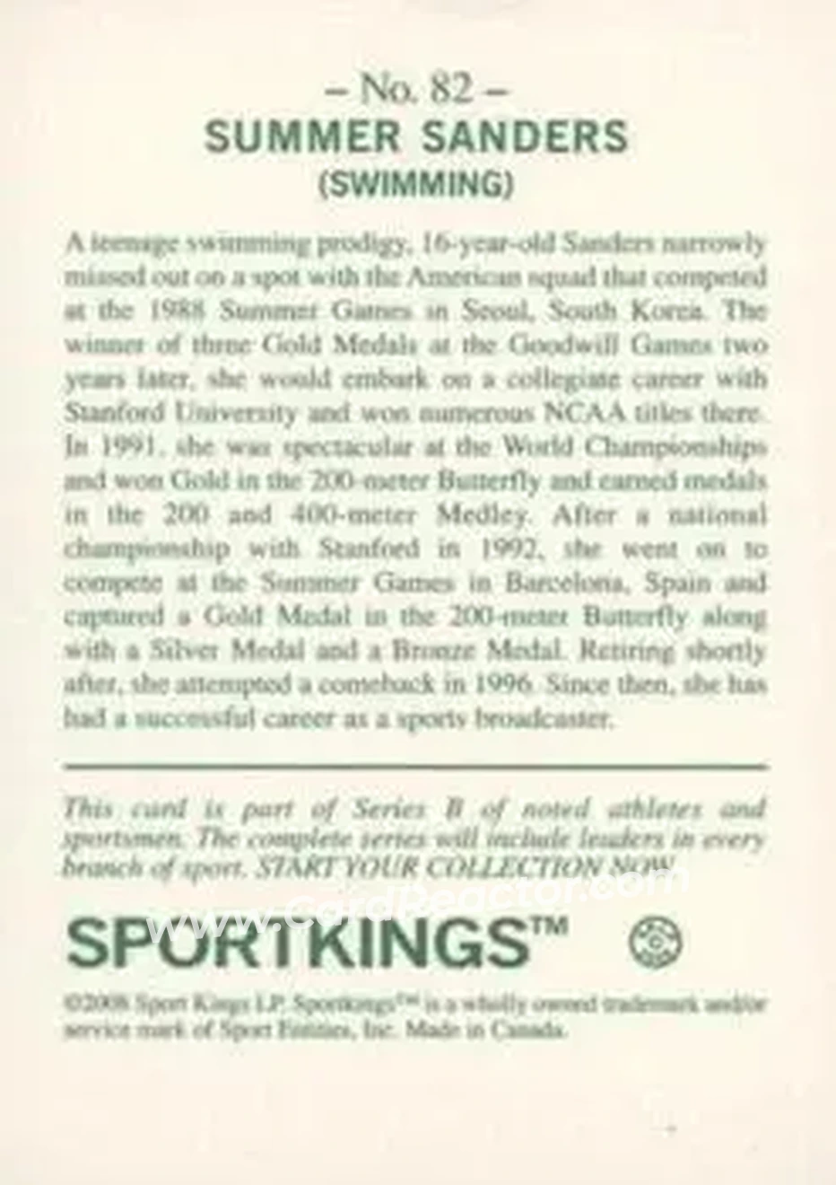 2008 Sportkings Series B #82 - Summer Sanders - Back