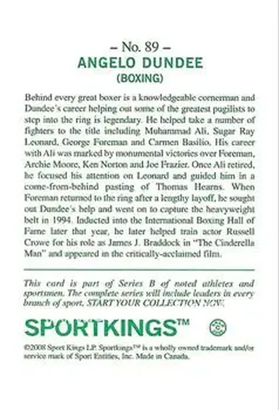 2008 Sportkings Series B #89 - Angelo Dundee - Back