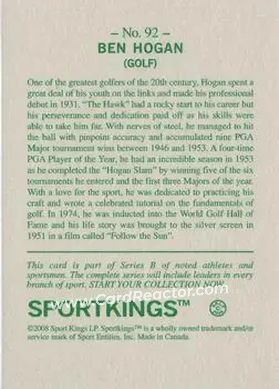 2008 Sportkings Series B #92 - Ben Hogan - Back