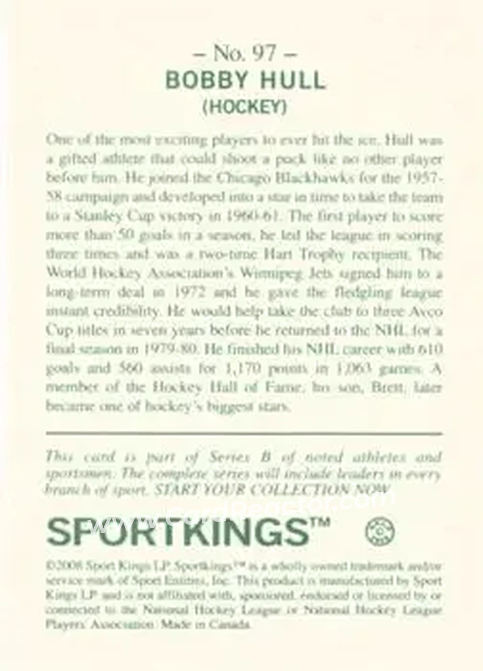 2008 Sportkings Series B #97 - Bobby Hull - Chicago Blackhawks - Back