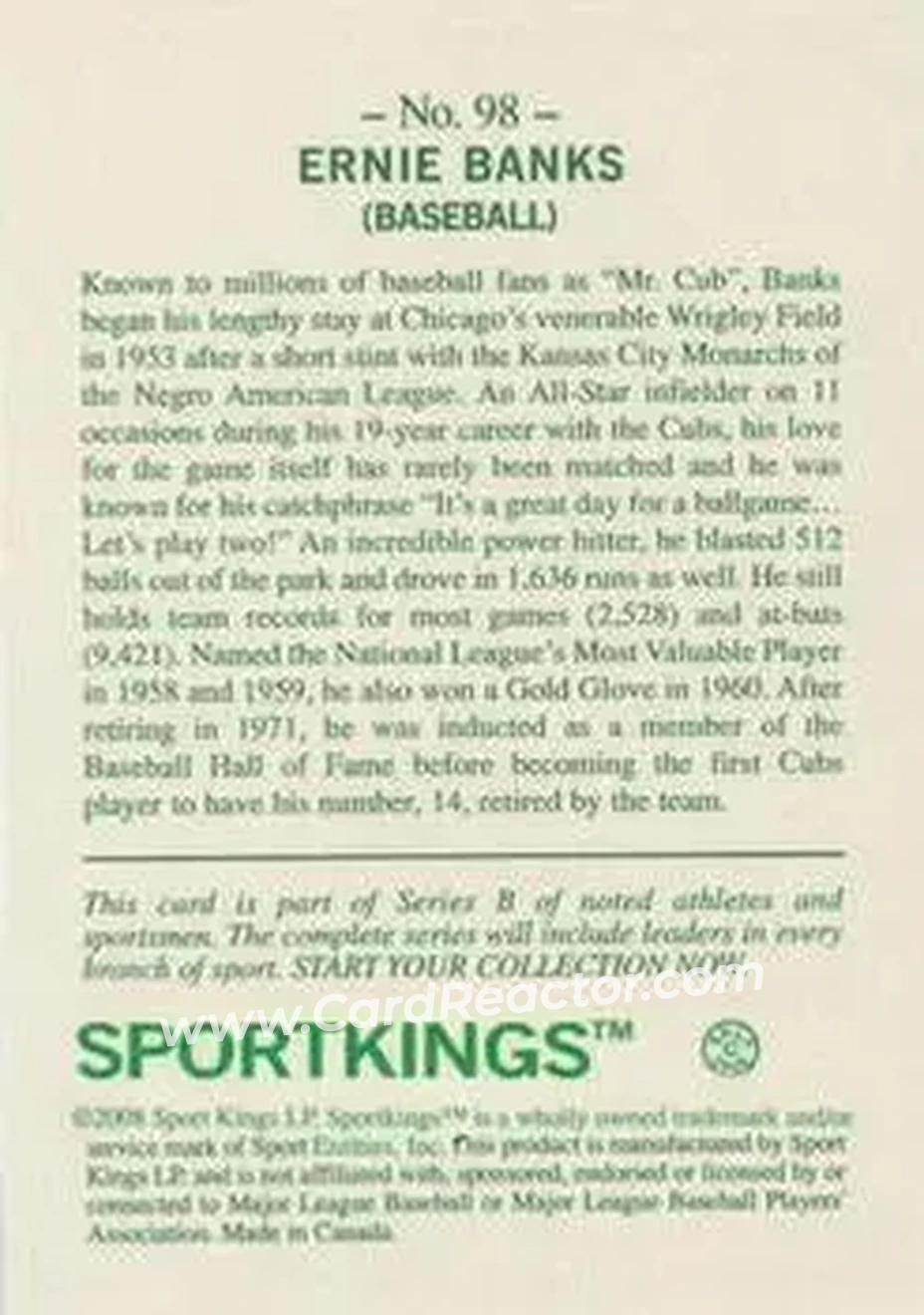 2008 Sportkings Series B #98 - Ernie Banks - Chicago Cubs - Back