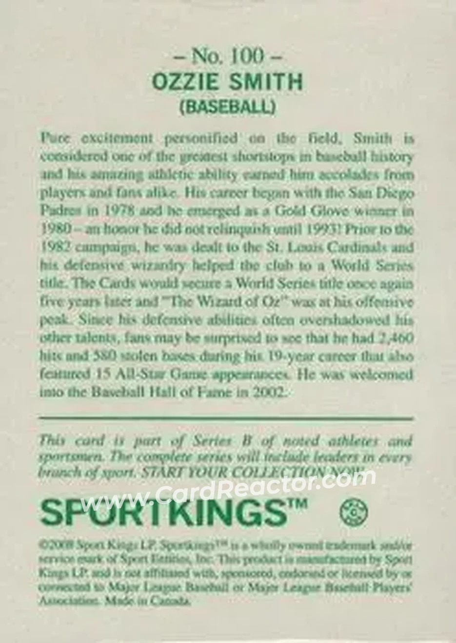 2008 Sportkings Series B #100 - Ozzie Smith - St. Louis Cardinals - Back