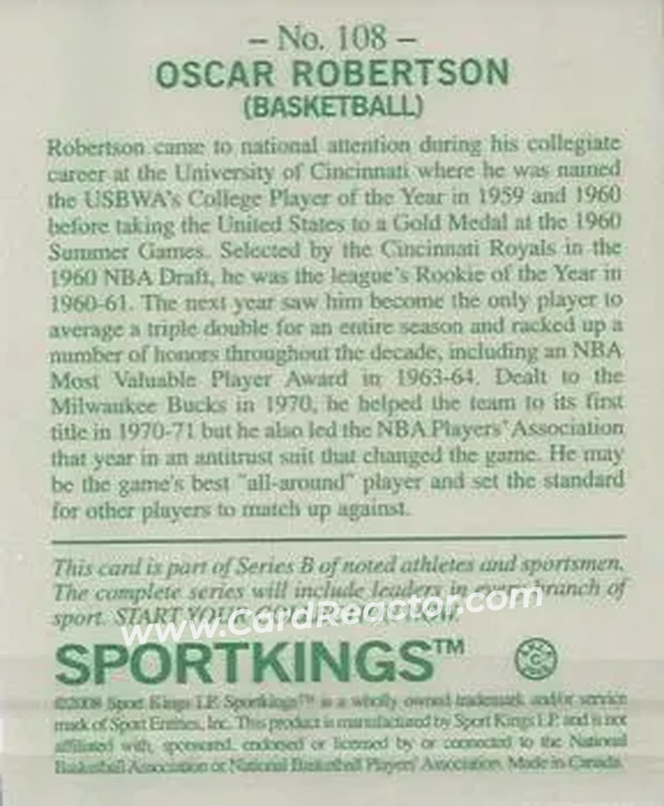 2008 Sportkings Series B #108 - Oscar Robertson - Milwaukee Bucks - Back