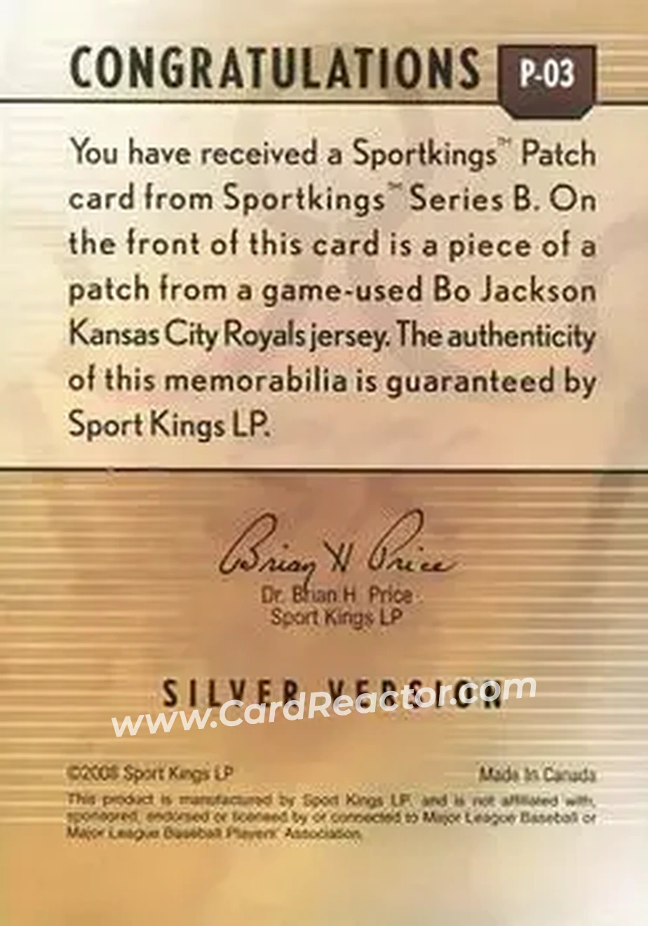 2008 Sportkings Series B - Patch Silver #P-03 - Bo Jackson - Kansas City Royals - Back