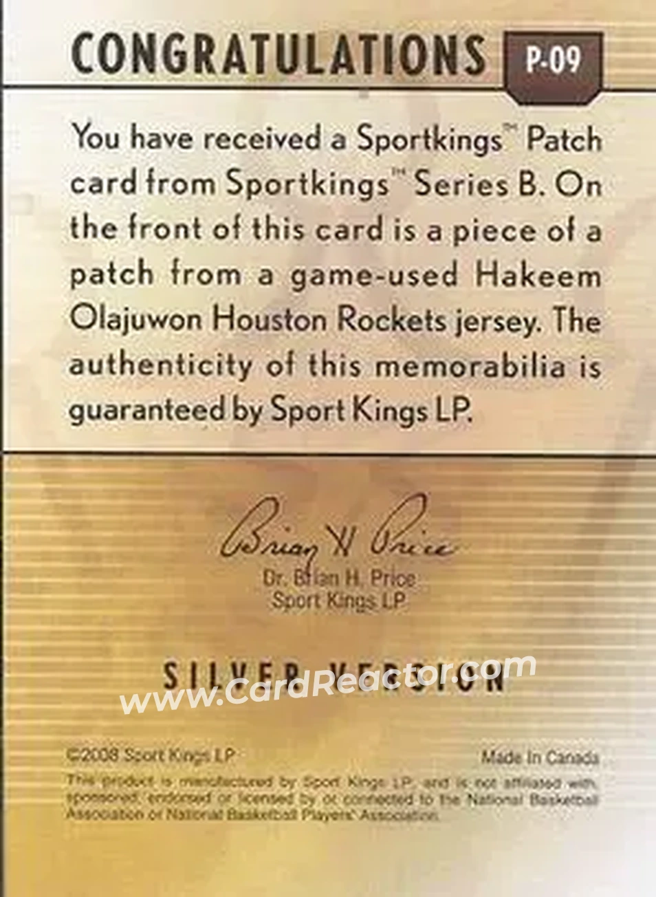 2008 Sportkings Series B - Patch Silver #P-09 - Hakeem Olajuwon - Houston Rockets - Back