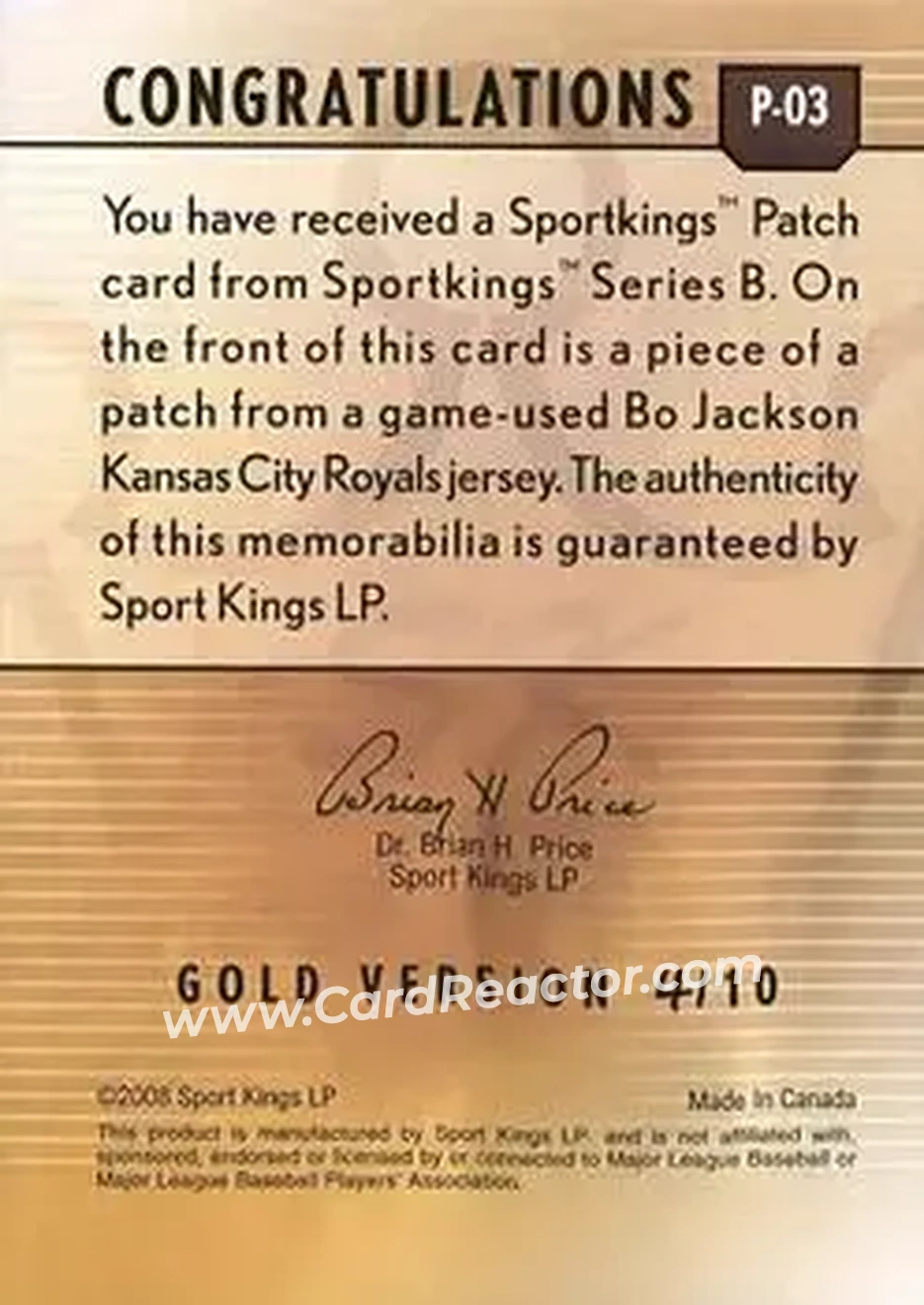 2008 Sportkings Series B - Patch Gold #P-03 - Bo Jackson - Kansas City Royals - Back