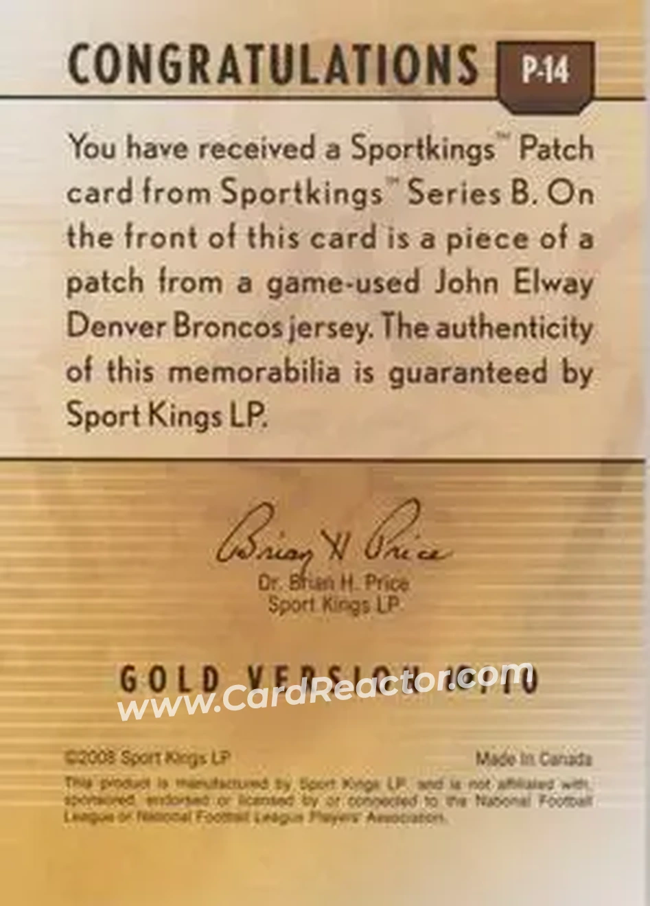 2008 Sportkings Series B - Patch Gold #P-14 - John Elway - Denver Broncos - Back