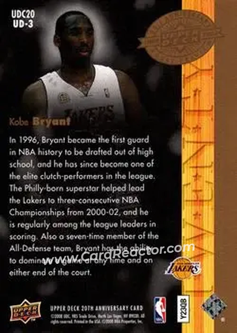 2008 Upper Deck 20th Anniversary #UD-3 - Kobe Bryant - Los Angeles Lakers - Back