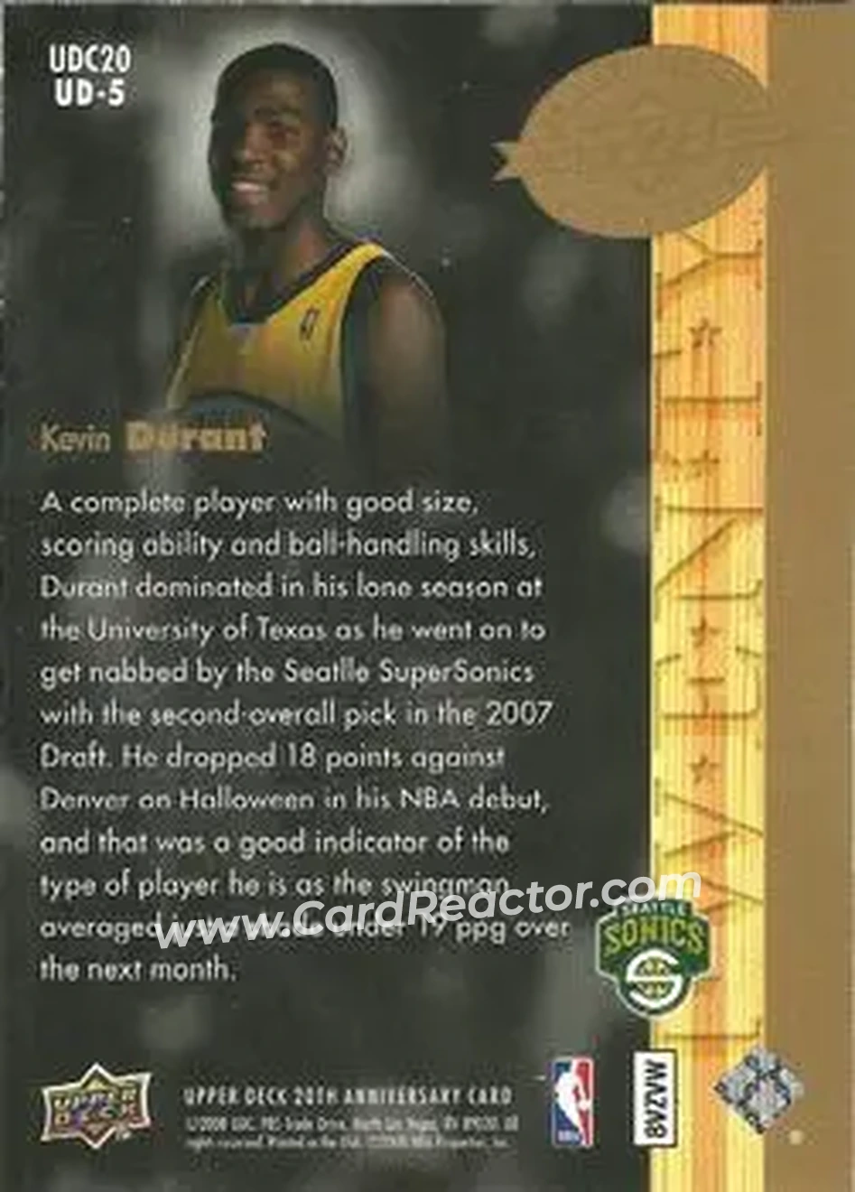 2008 Upper Deck 20th Anniversary #UD-5 - Kevin Durant - Seattle SuperSonics - Back