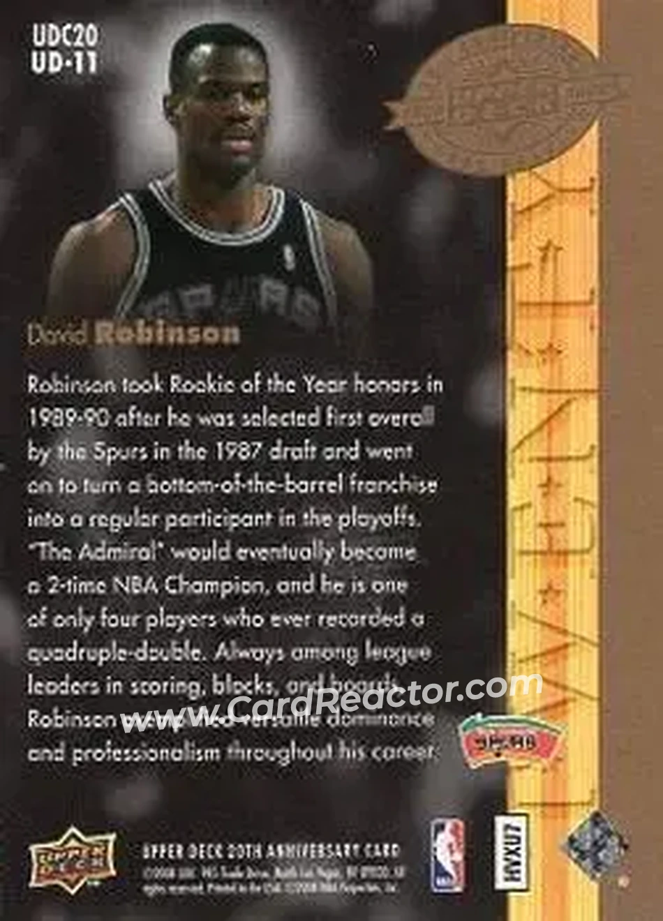 2008 Upper Deck 20th Anniversary #UD-11 - David Robinson - San Antonio Spurs - Back