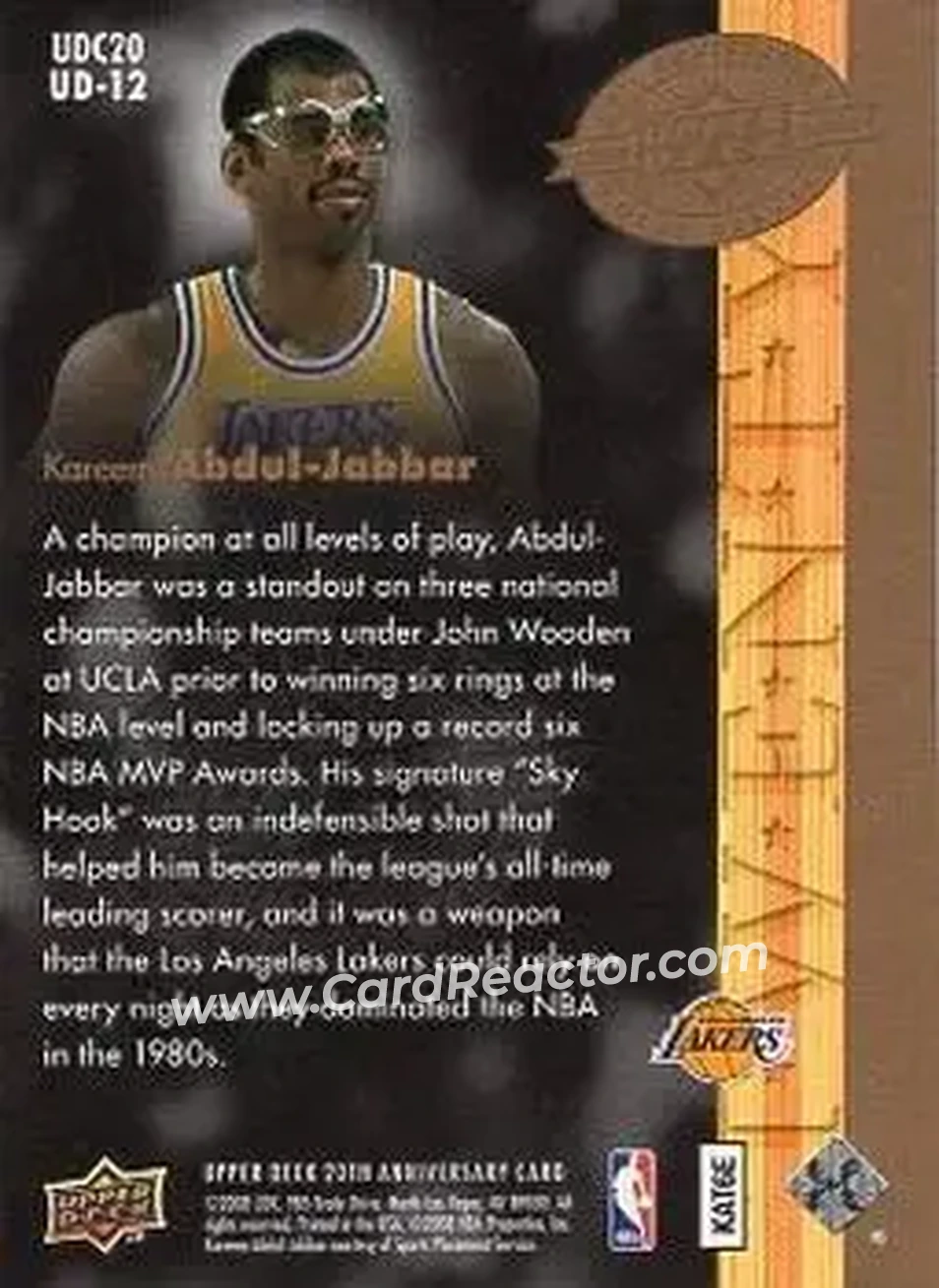 2008 Upper Deck 20th Anniversary #UD-12 - Kareem Abdul-Jabbar - Los Angeles Lakers - Back